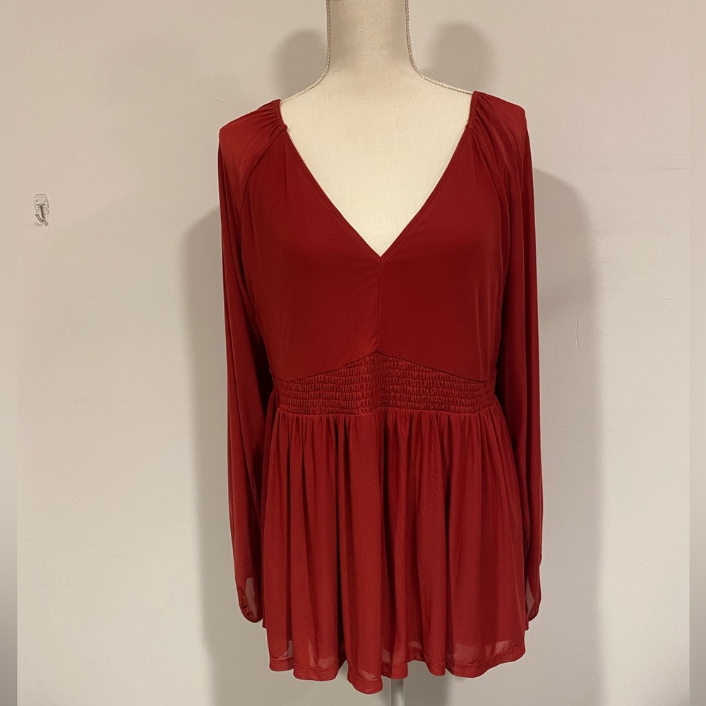 Torrid Dark Red‎ Burnt Orange Mesh Peasant Babydoll Top Size 2